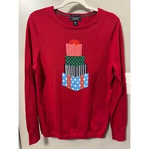 Lands' End Women's Holiday Sweater Presents Size Med Tall Red 100% Supima Cotton